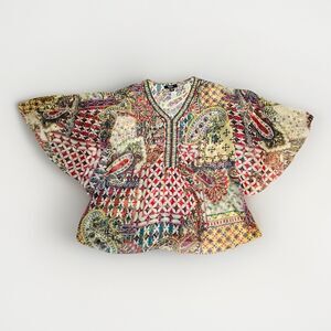 Intro Multi-Color Boho‎ Flutter Sleeve Sheer Beaded Resort Wear Blouse Women 1X